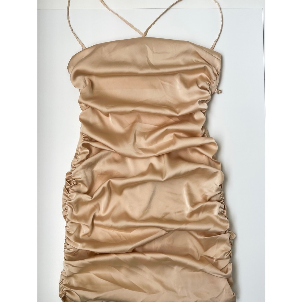 Oh Polly “Midnight Seduction Ruched Backless Satin Mini Dress in Beige”